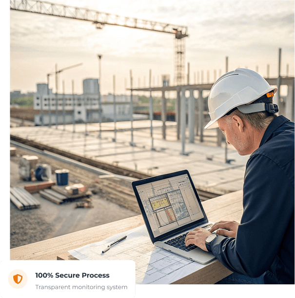 Construction worker using laptop at construction site