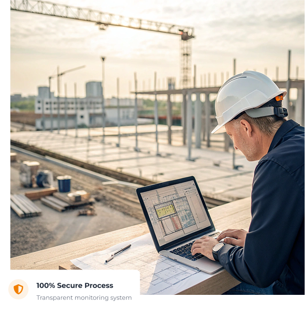 Construction worker using laptop at construction site